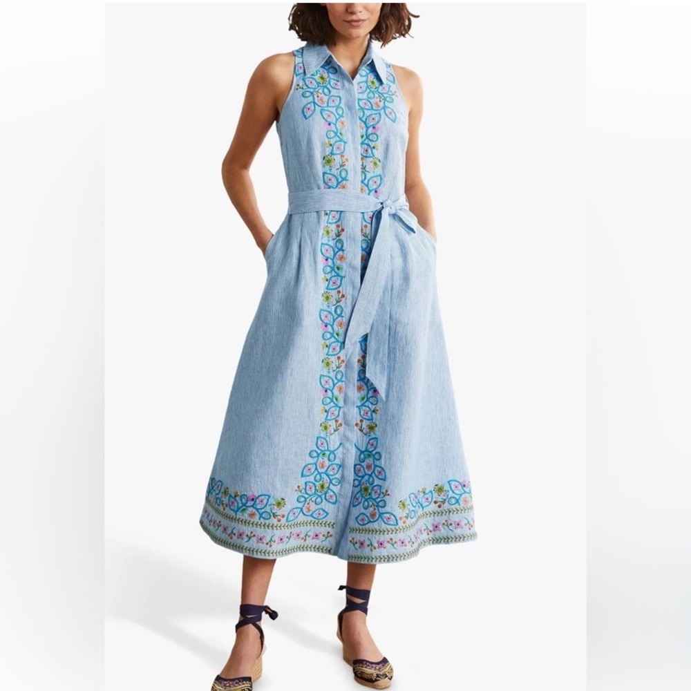 Boden Kate Linen Embroidered Midi Shirt Dress